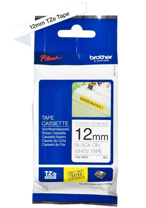 Brother TZe-S231 12mm Beyaz Siyah Güçlü Yapışkanlı Etiket - 2