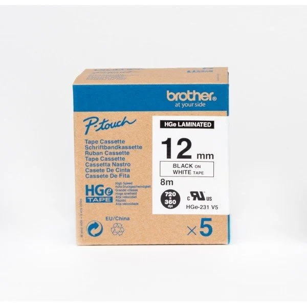 Brother - HGe-231 12mm Beyaz üzerine Siyah Laminasyonlu Yüksek Kaliteli Etiket (TZe Tape & HGe Tape)