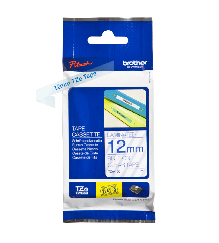 TZe-133 12mm Şeffaf üzerine Mavi Laminasyonlu Etiket - 2
