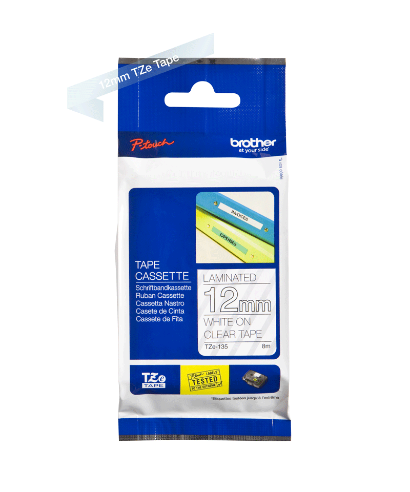 TZe-135 12mm Şeffaf üzerine Beyaz Laminasyonlu Etiket - 2
