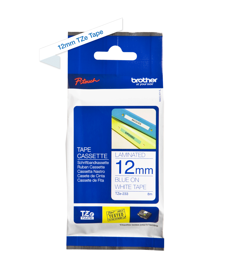 TZe-233 12mm Beyaz üzerine Mavi Laminasyonlu Etiket - 2