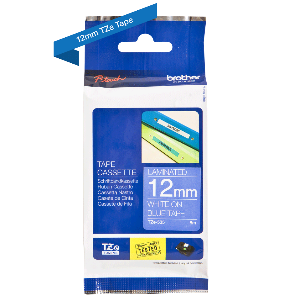 TZe-535 12mm Mavi üzerine Beyaz Laminasyonlu Etiket (TZe Tape) - Thumbnail