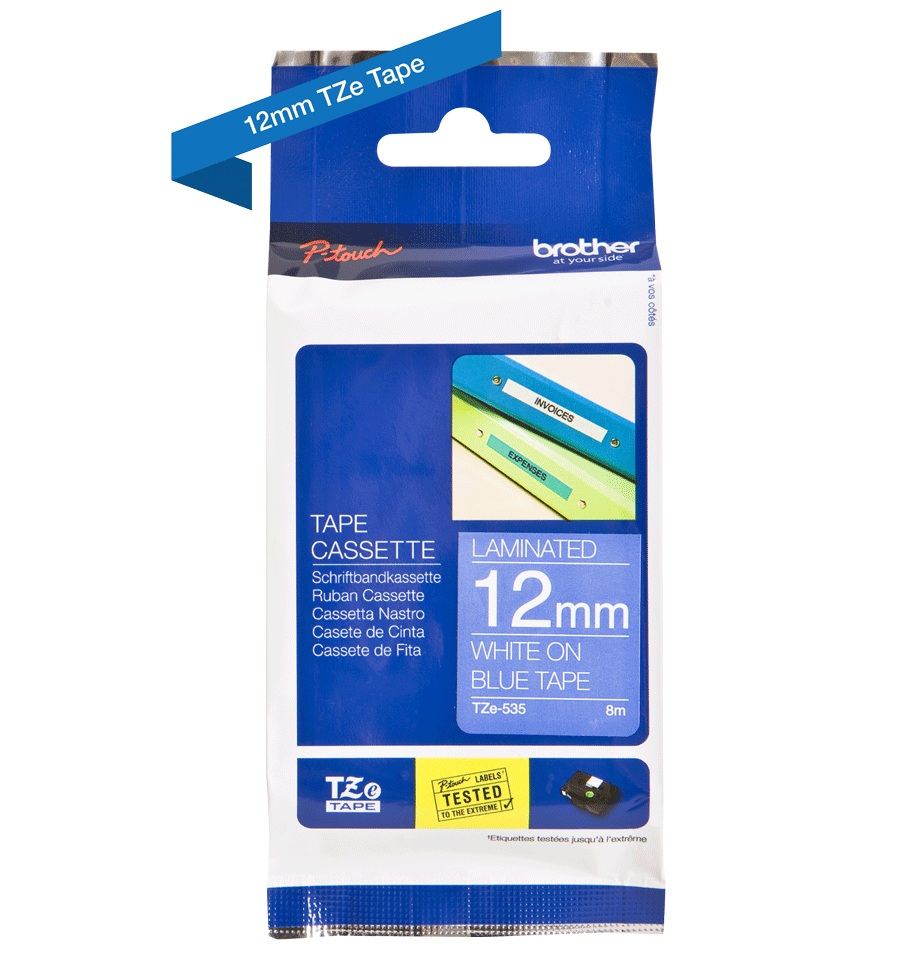 TZe-535 12mm Mavi üzerine Beyaz Laminasyonlu Etiket - 2