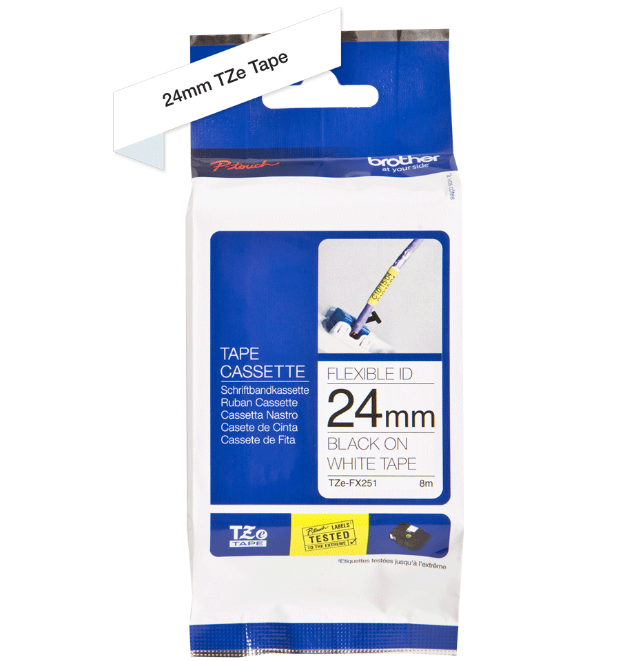 TZe-FX251 24mm Beyaz üzerine Siyah Esnek Laminasyonlu Etiket (TZe Tape) - Thumbnail