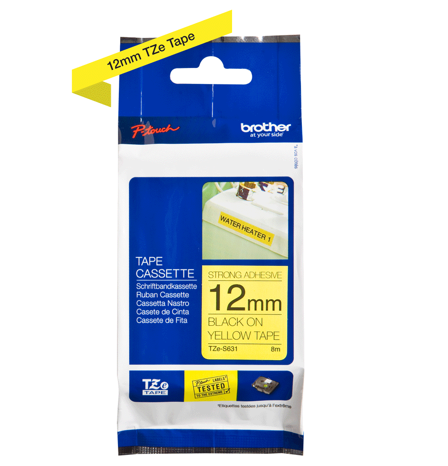 TZe-S631 12mm Sarı Siyah Güçlü Yapışkanlı Etiket - 2