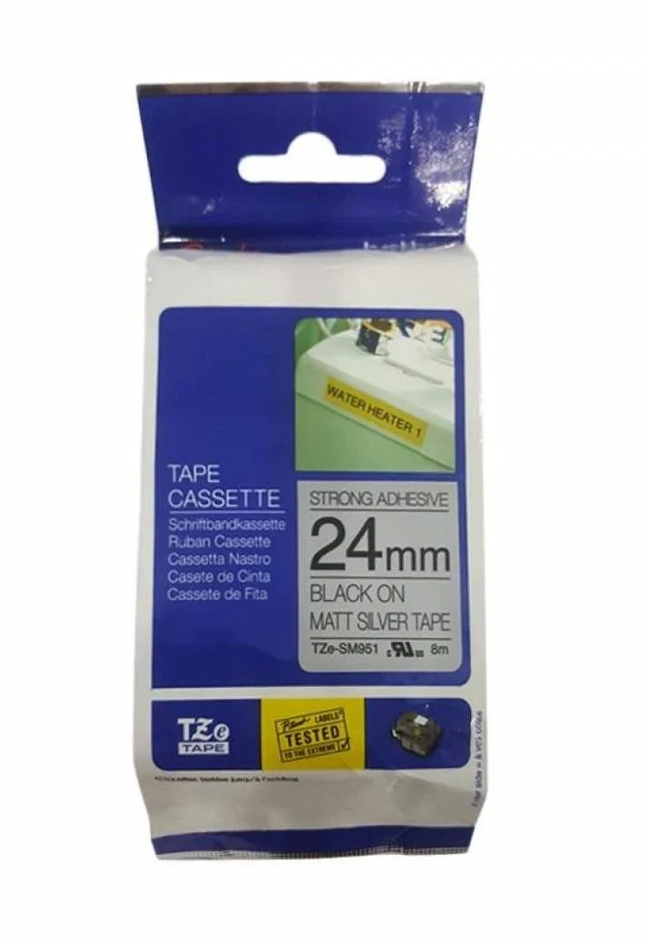 TZe-SM941 18mm Mat Gümüş üzerine Siyah Güçlü Yapışkanlı Laminasyonlu Etiket (TZe Tape) - Thumbnail